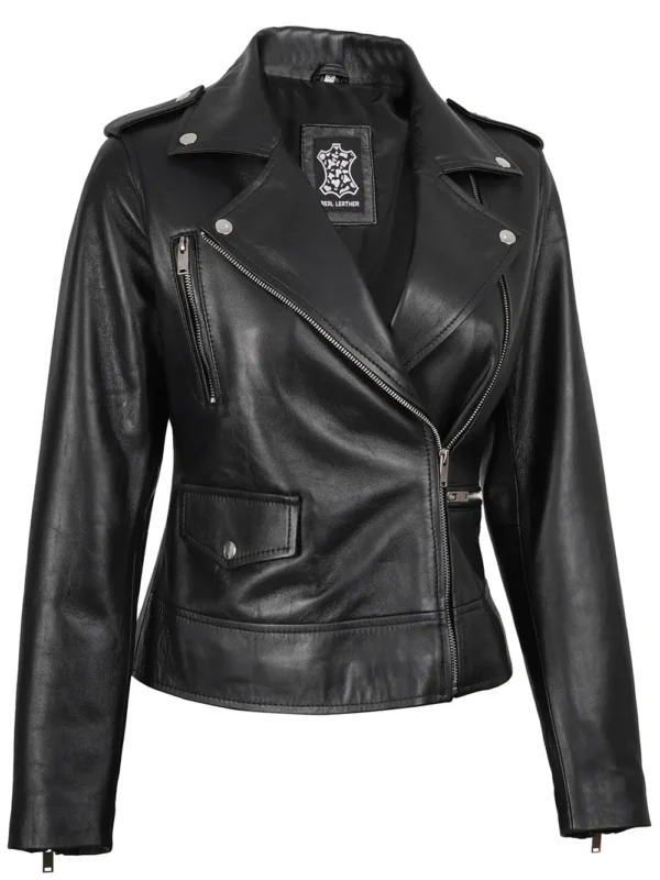 Amber Women’s Black Biker Leather Jacket 03