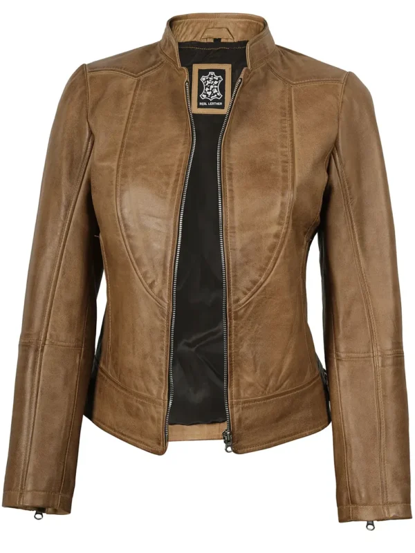 Amy Women's Camel Leather Biker Style Jacket 03