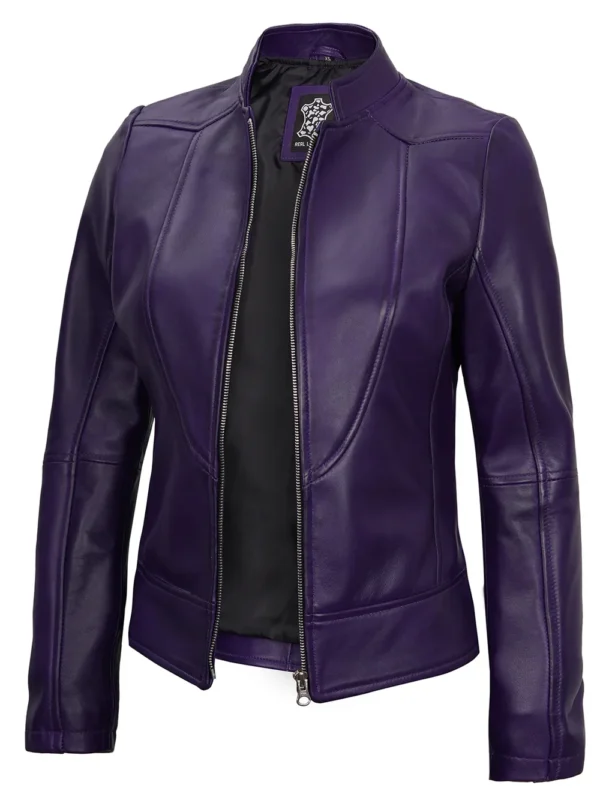 Amy Women’s Purple Café Racer Leather Jacket 03