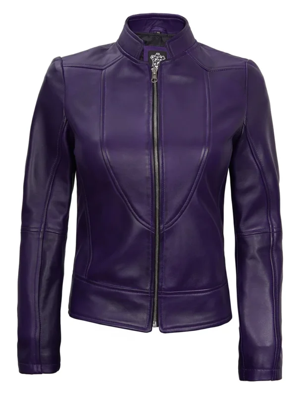 Amy Women’s Purple Café Racer Leather Jacket 04