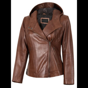 Cidra Women’s Brown Hooded Leather Jacket 01