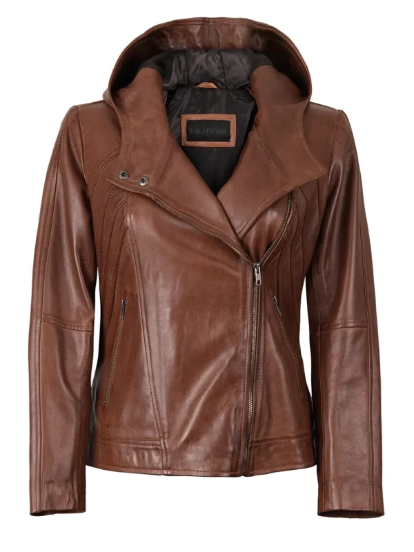 Cidra Women’s Brown Hooded Leather Jacket 03