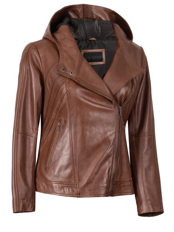 Cidra Women’s Brown Hooded Leather Jacket 05