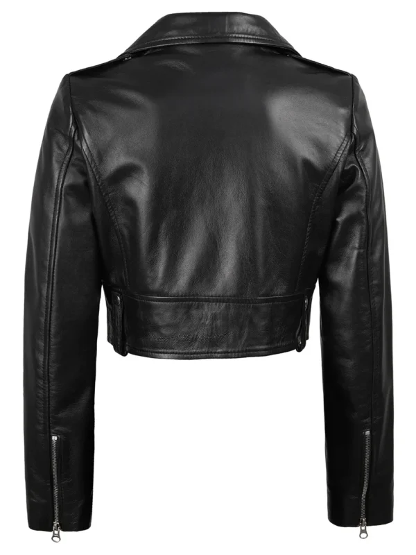 Colleen Women’s Cropped Black Biker Leather Jacket 02