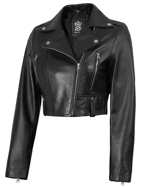 Colleen Women’s Cropped Black Biker Leather Jacket 03