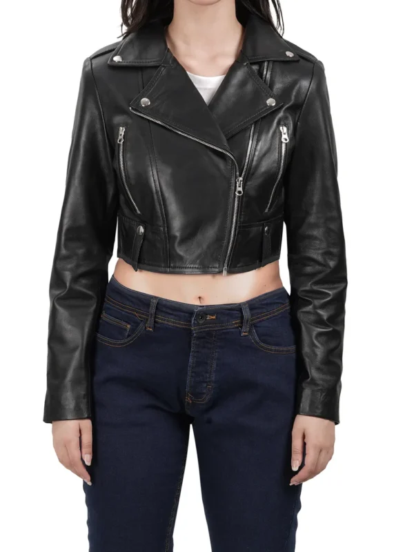 Colleen Women’s Cropped Black Biker Leather Jacket 04