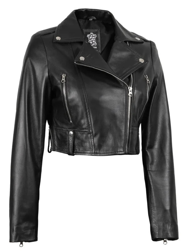 Colleen Women’s Cropped Black Biker Leather Jacket 05