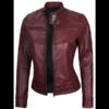 Dodge Women’s Burgundy Café Racer Leather Jacket 01