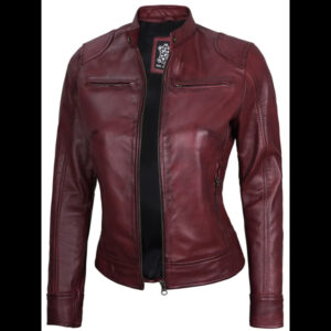 Dodge Women’s Burgundy Café Racer Leather Jacket 01