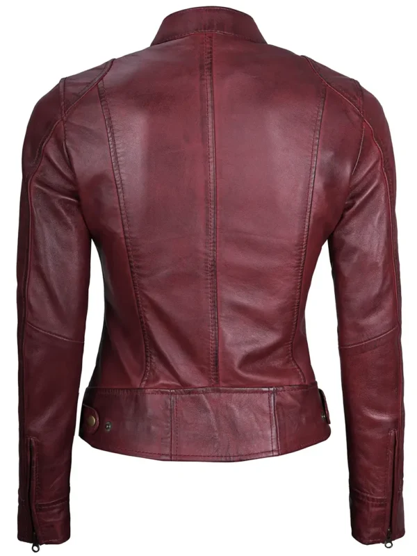 Dodge Women’s Burgundy Café Racer Leather Jacket 02