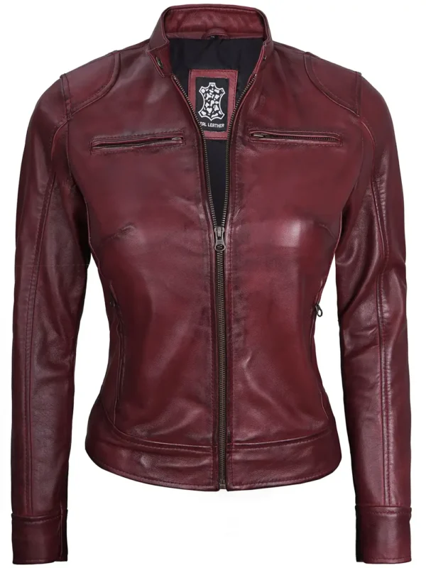 Dodge Women’s Burgundy Café Racer Leather Jacket 03