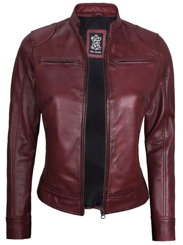 Dodge Women’s Burgundy Café Racer Leather Jacket 04