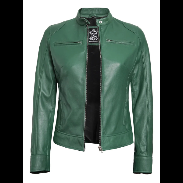 Dodge Women’s Green Biker Leather Jacket 01