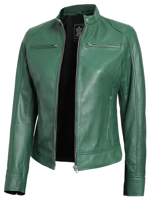 Dodge Women’s Green Biker Leather Jacket 03
