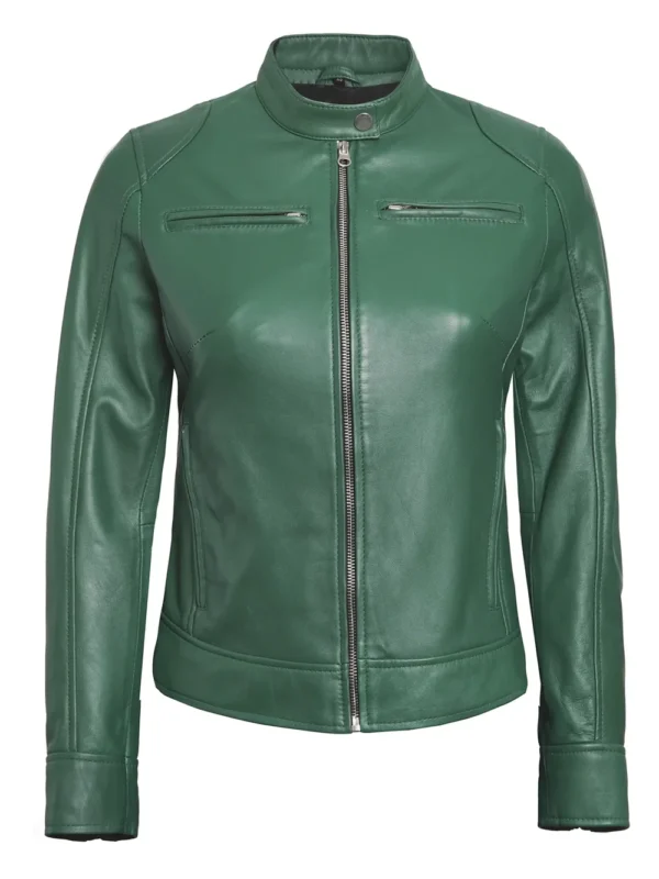Dodge Women’s Green Biker Leather Jacket 04