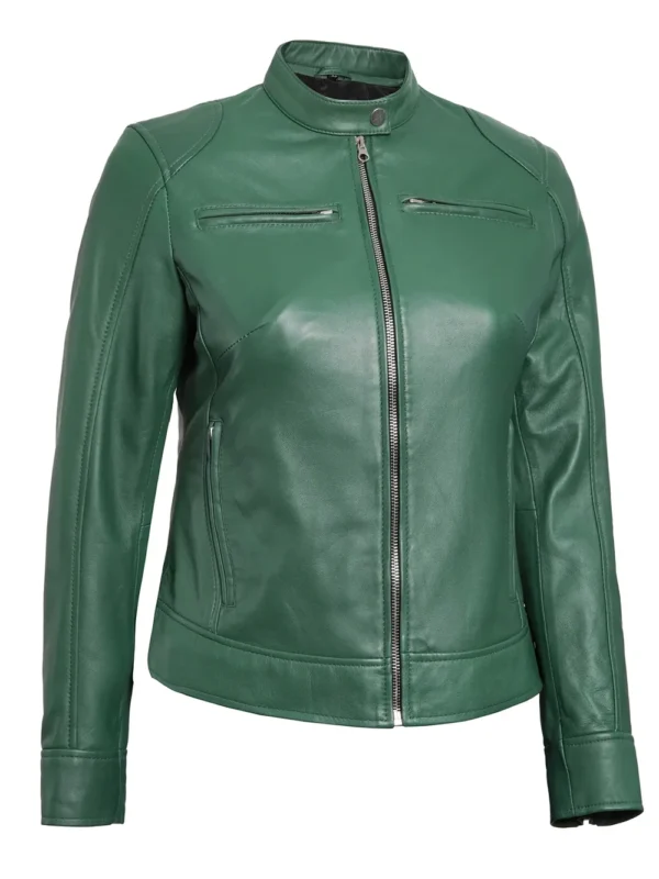 Dodge Women’s Green Biker Leather Jacket 05