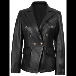 Kim Women’s Black Leather Blazer Double Breasted 01