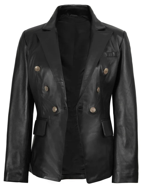 Kim Women’s Black Leather Blazer Double Breasted 05