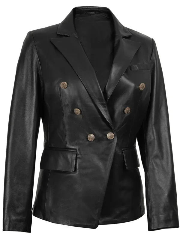 Kim Women’s Black Leather Blazer Double Breasted 06