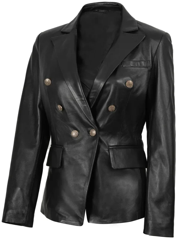 Kim Women’s Black Leather Blazer Double Breasted 07