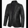 Men’s Black Leather Blazer Two Button Notch Lapel 01