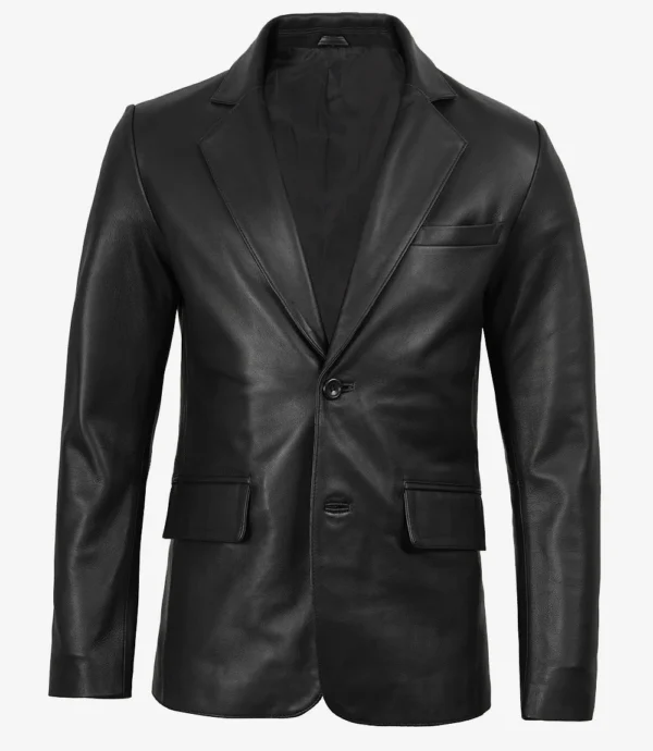 Men’s Black Leather Blazer Two Button Notch Lapel 03