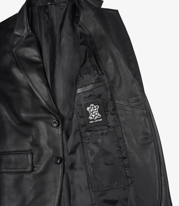 Men’s Black Leather Blazer Two Button Notch Lapel 06