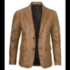 Men’s Camel Brown Leather Blazer Two Button Jacket 01