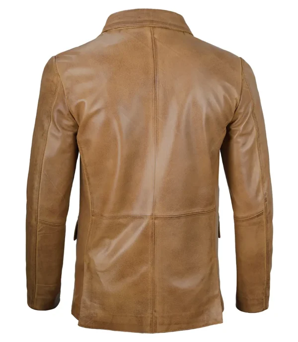 Men’s Camel Brown Leather Blazer Two Button Jacket 02