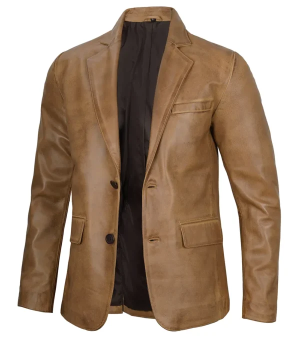 Men’s Camel Brown Leather Blazer Two Button Jacket 03