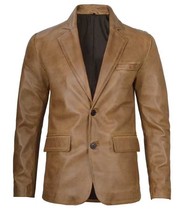Men’s Camel Brown Leather Blazer Two Button Jacket 04
