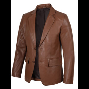 Men’s Cognac Brown Leather Blazer Two Button Jacket 01