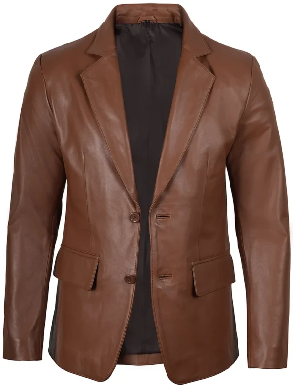 Men’s Cognac Brown Leather Blazer Two Button Jacket 03