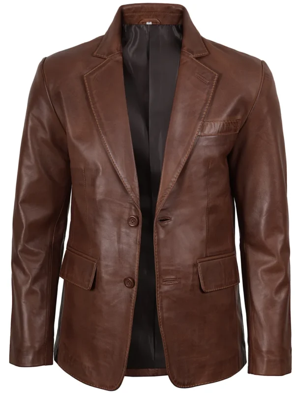Men’s Cognac Wax Leather Blazer Two Button Jacket 03