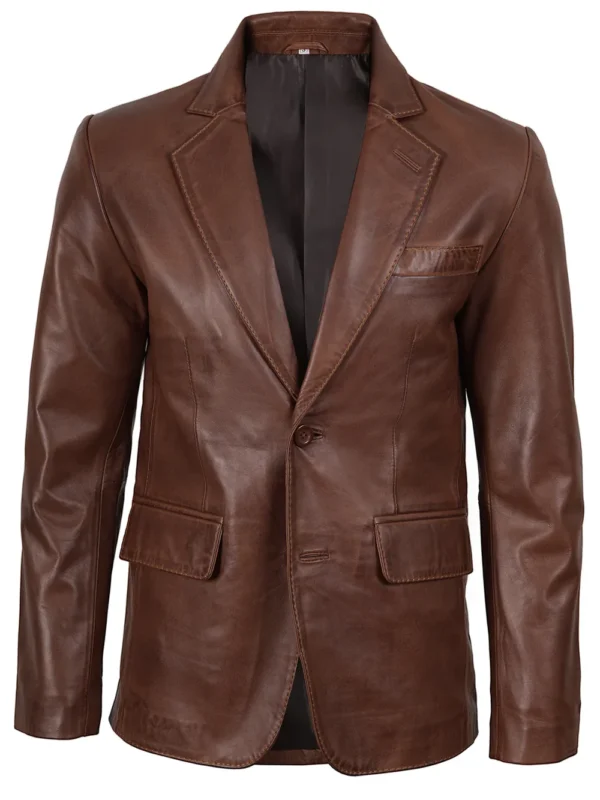 Men’s Cognac Wax Leather Blazer Two Button Jacket 04