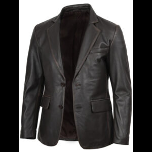 Men’s Dark Brown Leather Blazer Rub Off Finish 01