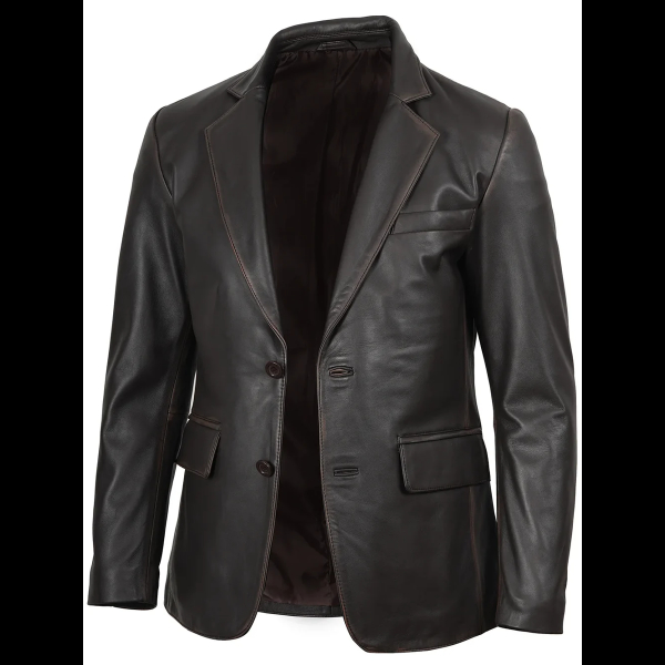 Men’s Dark Brown Leather Blazer Rub Off Finish 01
