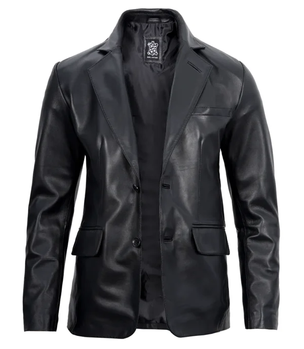 Men’s Lambskin Leather Blazer Real Black Jacket 04