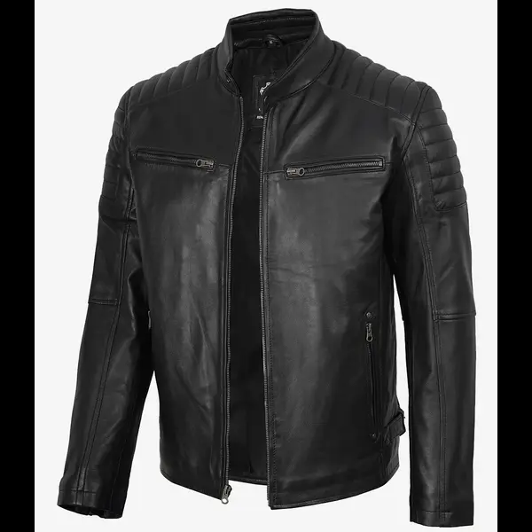 Men’s Real Leather Cafe Racer Jacket with Padded Shoulders 01