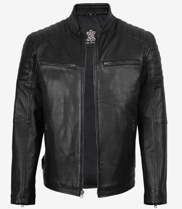 Men’s Real Leather Cafe Racer Jacket with Padded Shoulders 03