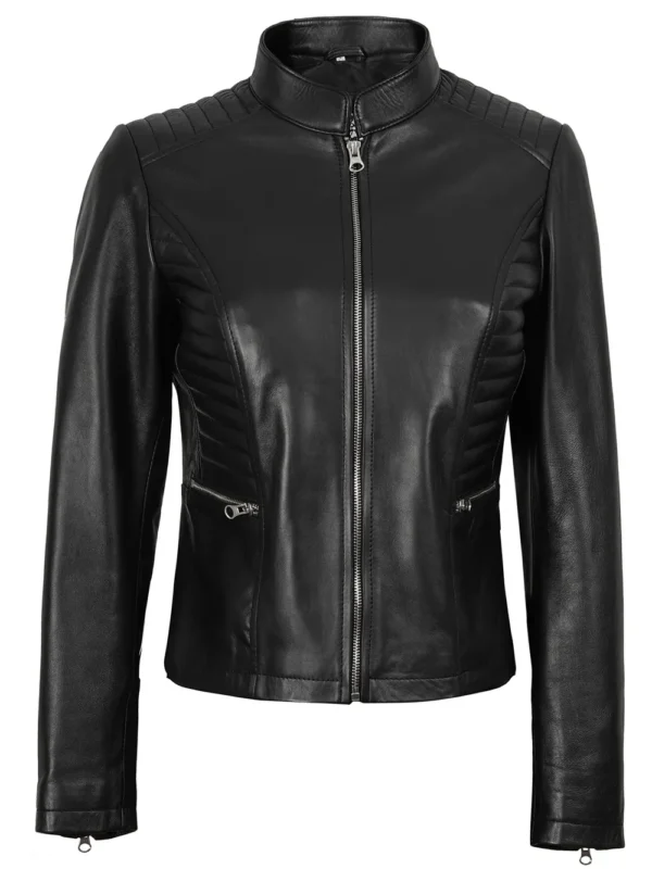 Rachel Women's Black Café Racer Leather Jacket 04