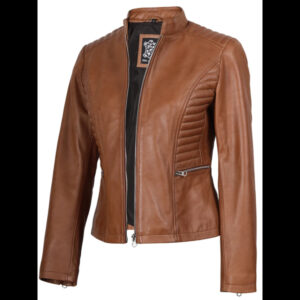 Rachel Women's Tan Café Racer Leather Jacket 01