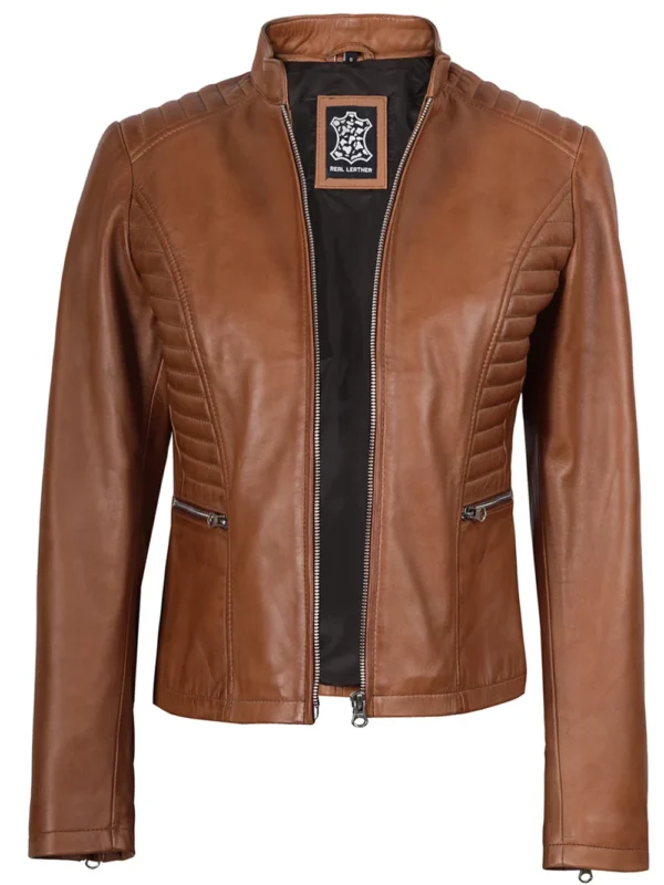 Rachel Women's Tan Café Racer Leather Jacket 03