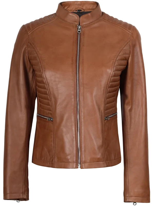 Rachel Women's Tan Café Racer Leather Jacket 04