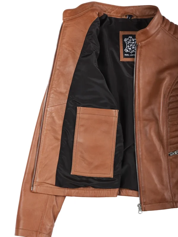 Rachel Women's Tan Café Racer Leather Jacket 06