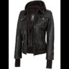 Tralee Women's Brown Bomber Leather Jacket with Hood 01