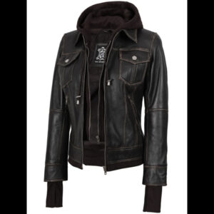 Tralee Women's Brown Bomber Leather Jacket with Hood 01