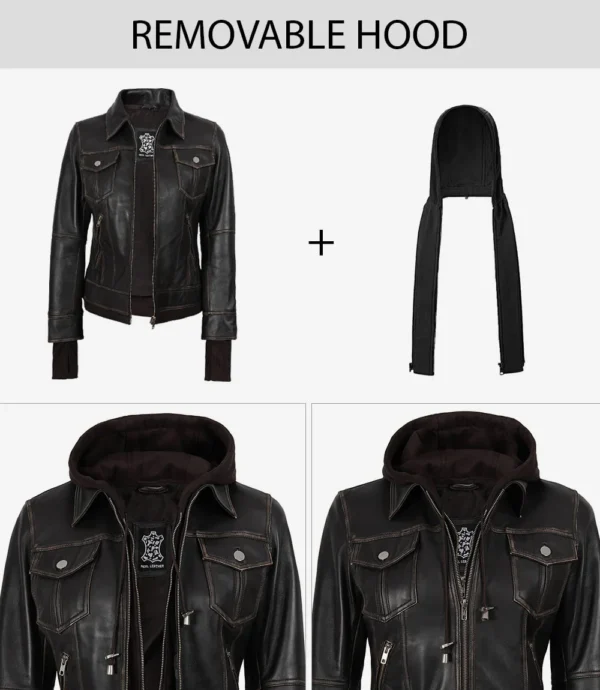 Tralee Women's Brown Bomber Leather Jacket with Hood 03