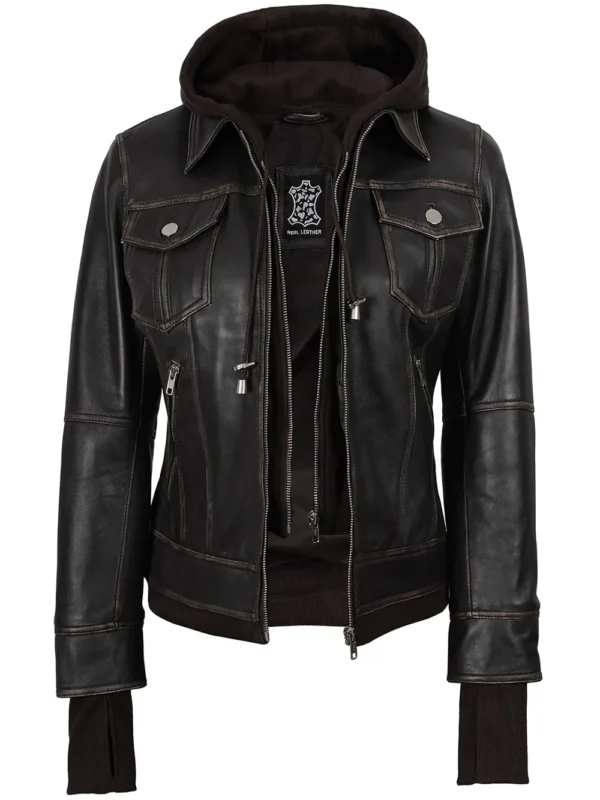 Tralee Women's Brown Bomber Leather Jacket with Hood 04