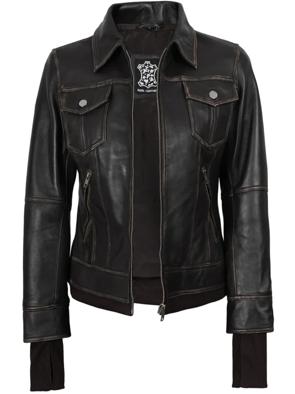 Tralee Women's Brown Bomber Leather Jacket with Hood 05